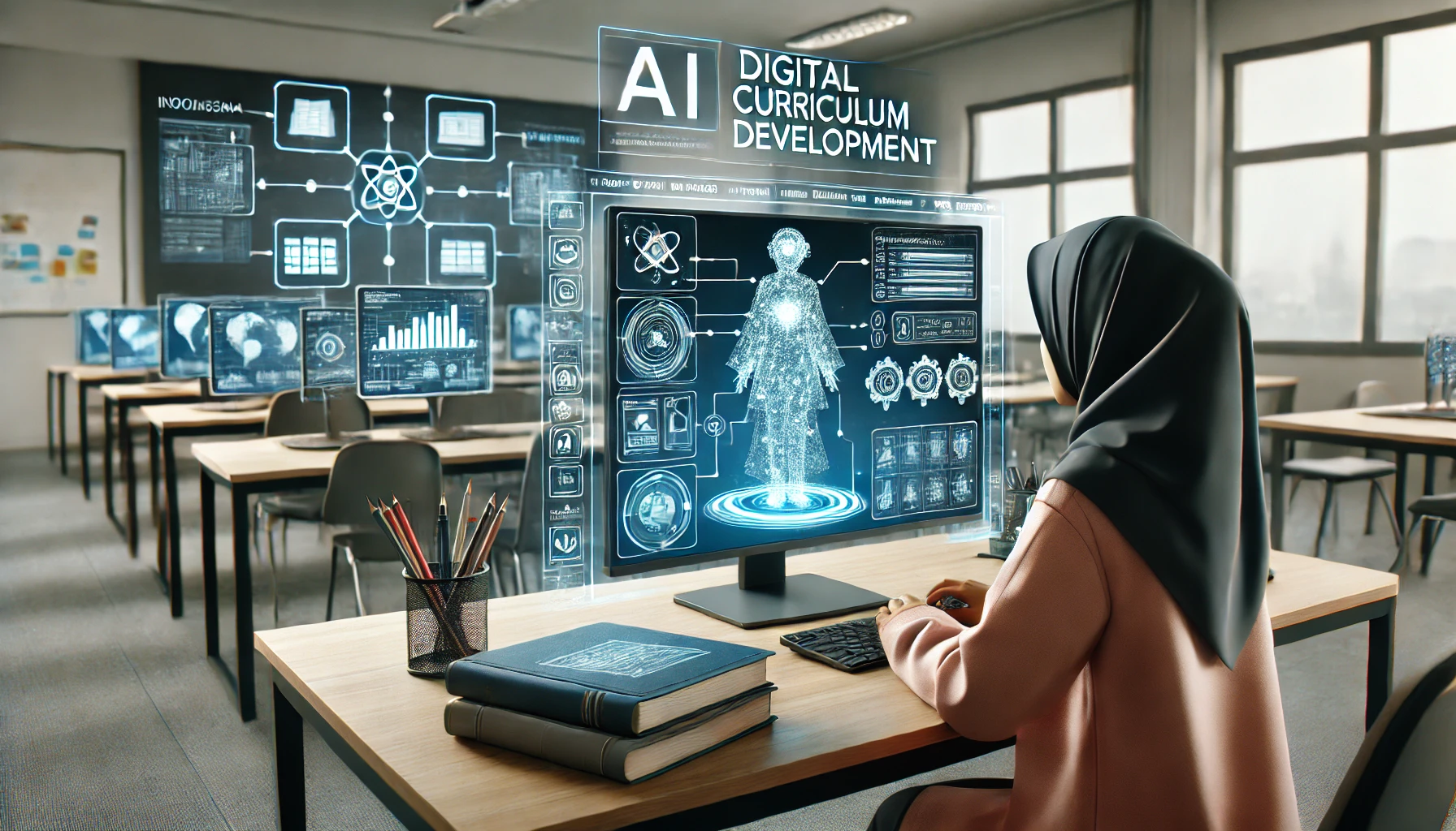 Ruang kelas modern di mana seorang guru sedang menggunakan teknologi AI untuk merancang kurikulum