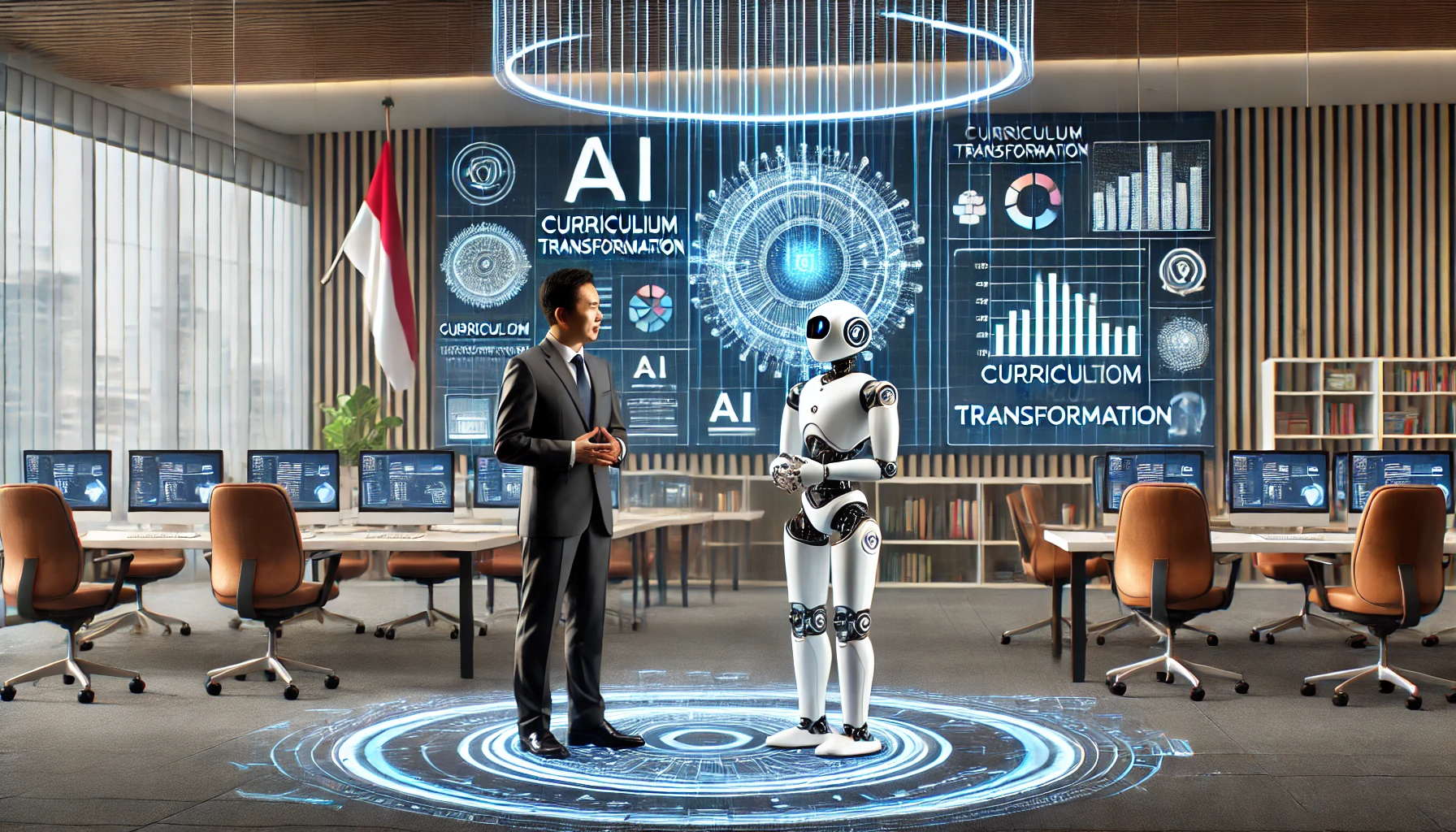 Seorang administrator pendidikan sedang berdiskusi dengan robot AI di sebuah ruangan kantor modern, dengan visualisasi data transformasi kurikulum di layar besar