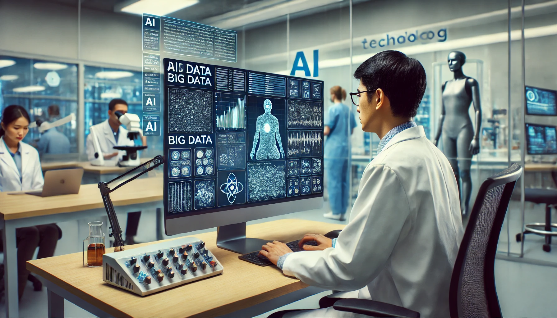 Seorang ilmuwan medis sedang menganalisis data besar di layar komputer menggunakan teknologi AI, dengan latar belakang laboratorium modern