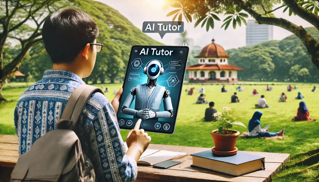 Seorang pelajar sedang duduk di sebuah taman, menggunakan tablet atau laptop untuk berinteraksi dengan AI Tutor Online