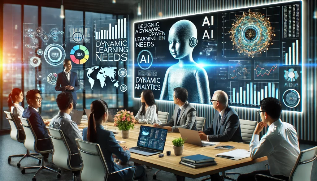 Tim pendidik tengah berkolaborasi dalam rapat virtual dengan bantuan AI, merancang kurikulum dinamis berbasis data, dengan latar belakang kantor futuristik dan elemen digital