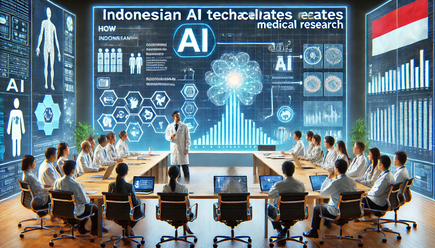 Visualisasi ruang konferensi penelitian medis, di mana seorang ahli AI sedang mempresentasikan bagaimana teknologi AI mempercepat penelitian medis