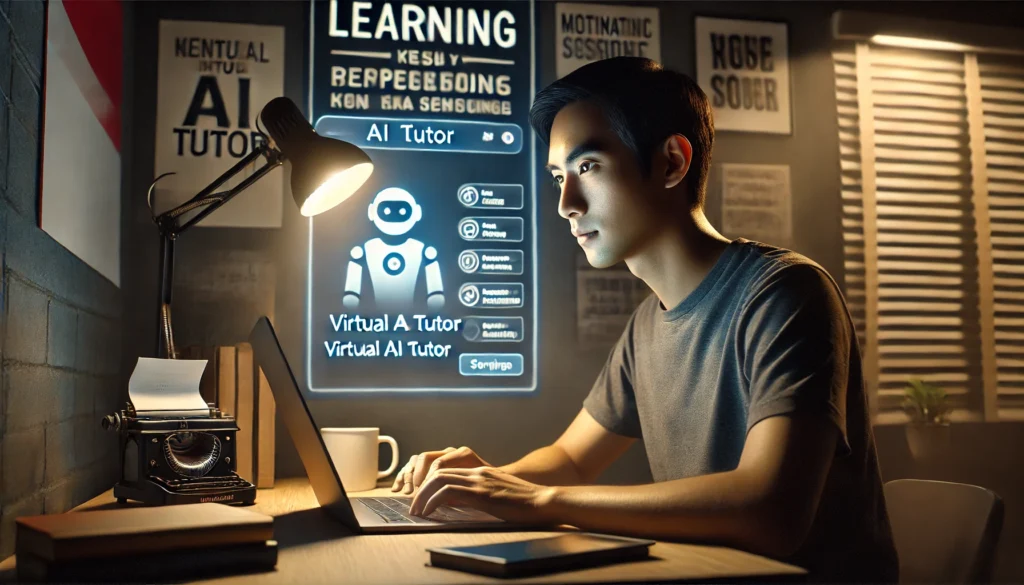 Seorang dewasa belajar di malam hari, fokus pada layar laptopnya yang menampilkan Tutor Virtual AI