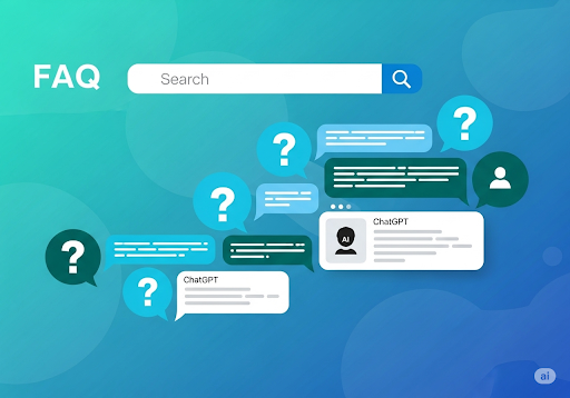 Gambar 1. Ilustrasi FAQ dengan tanda tanya, gelembung obrolan, dan elemen antarmuka ChatGPT
