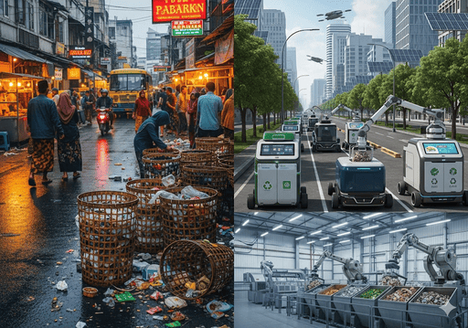 01. Kontras yang mencolok antara jalan kota yang ramai dengan tempat sampah tradisional yang meluap