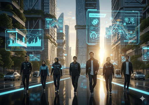 01. Pemandangan kota futuristik dengan tampilan holografik yang menunjukkan data konsumsi energi dan arus lalu lintas