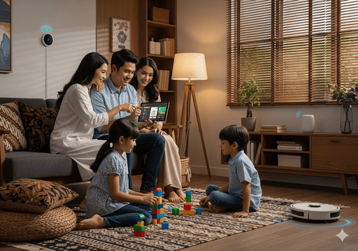 01. Sebuah ruang keluarga yang nyaman bertransformasi menjadi rumah pintar, dengan perangkat pintar yang terintegrasi