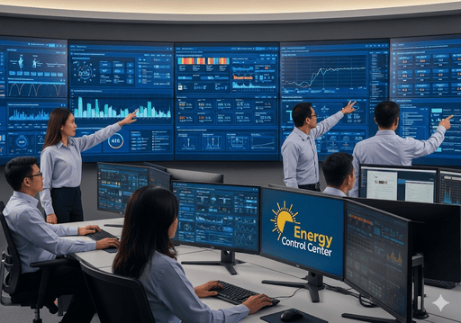 02. Ruang kontrol dengan layar besar yang menampilkan data waktu nyata tentang keluaran panel surya dan konsumsi energi rumah tangga