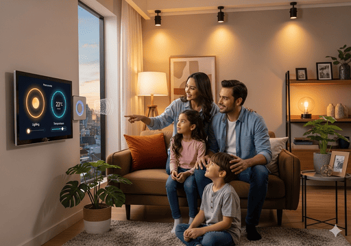 02. Ruang tamu modern dengan keluarga yang berinteraksi dengan hub rumah pintar