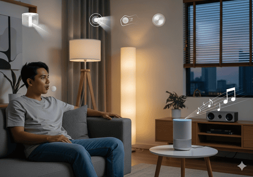 02. Seseorang dengan mudah mengontrol berbagai perangkat rumah (lampu, musik, tirai) dengan perintah suara ke speaker pintar