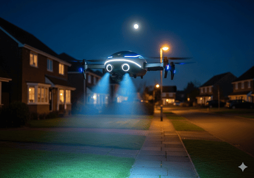 03. Drone keamanan yang tampak ramah terbang di atas jalan pinggiran kota yang sepi di malam hari