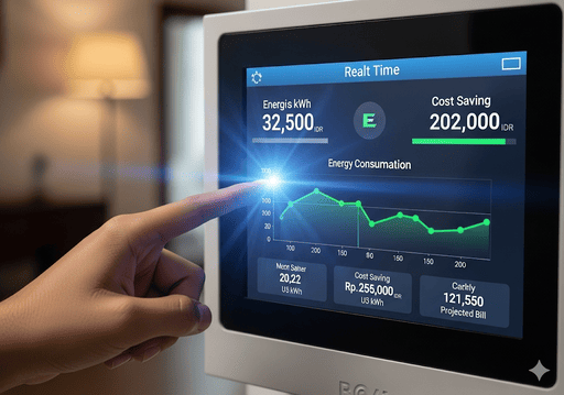 03. Meteran energi pintar yang menampilkan data konsumsi energi secara real-time, dengan grafik yang menunjukkan penghematan yang signifikan