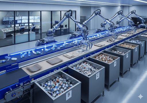 04. Fasilitas penyortiran sampah yang bersih dan modern dengan lengan robot yang memilah berbagai jenis sampah