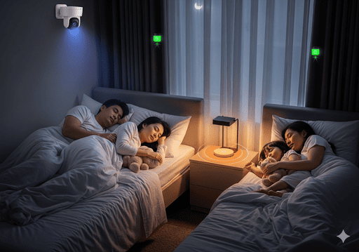 04. Sebuah keluarga tidur nyenyak di tempat tidur mereka, sementara sistem keamanan pintar dengan kamera dan sensor secara aktif memantau rumah