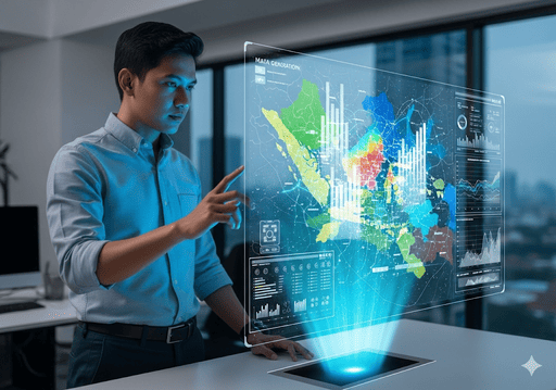 04. Seorang ilmuwan data menganalisis proyeksi holografik dari pola timbulan sampah di seluruh area perumahan