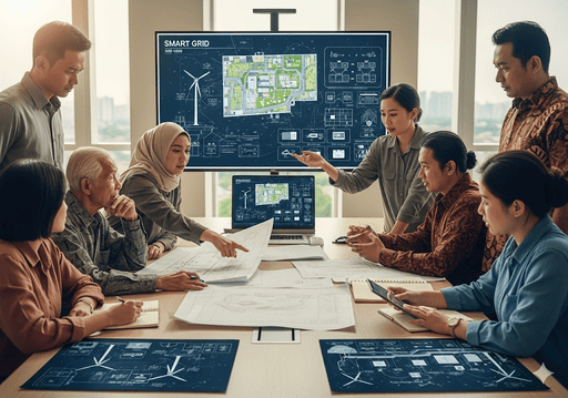 05. Beragam kelompok pemimpin masyarakat, insinyur, dan penduduk berkolaborasi di sekitar meja