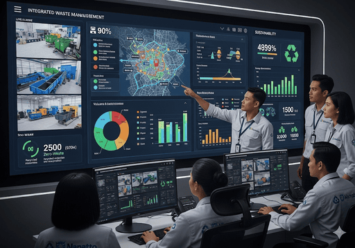 05. Pusat kendali kota pintar yang menampilkan dasbor komprehensif dari sistem pengelolaan limbah terintegrasi