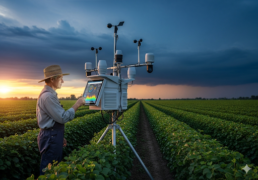 Gambar 5. Sebuah stasiun cuaca dengan sensor AI di sebuah perkebunan, menunjukkan seorang petani memeriksa data di layar